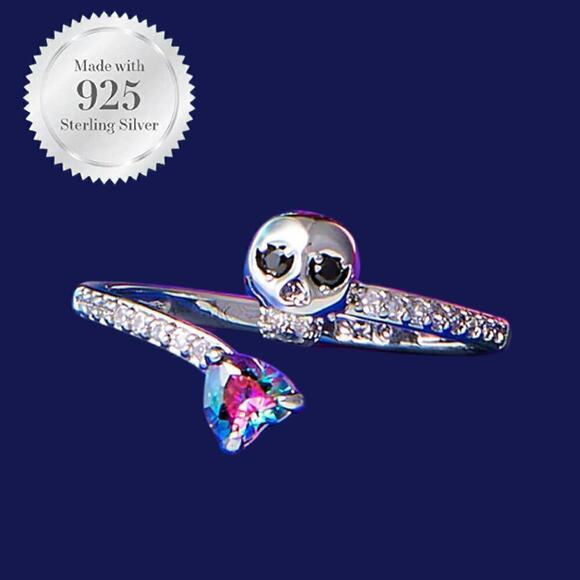 Size 10 925 Open Skull and Rainbow Topaz Heart Ring - Picture 1 of 11